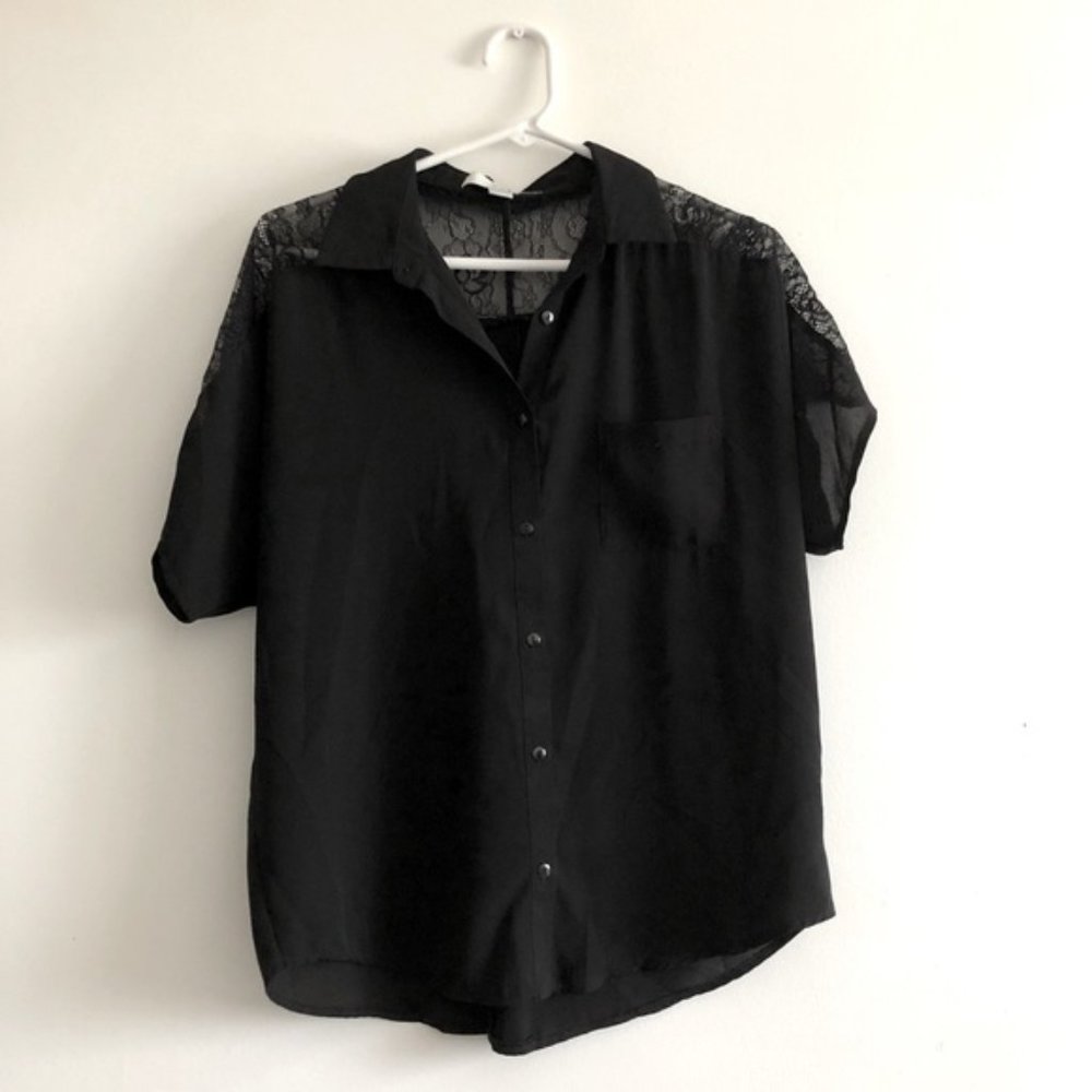 Flowy Black Button Down With Sheer Lace Detail